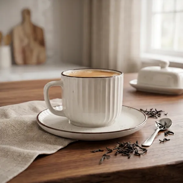 "Ivory Fleck" Fluted Teacup & Saucer Set