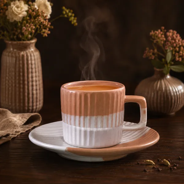 "Sienna & Stone" Two-Tone Fluted Cup & Saucer Set hover