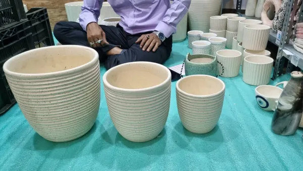 "Earthy Ribbed" Stoneware Planter Trio hover