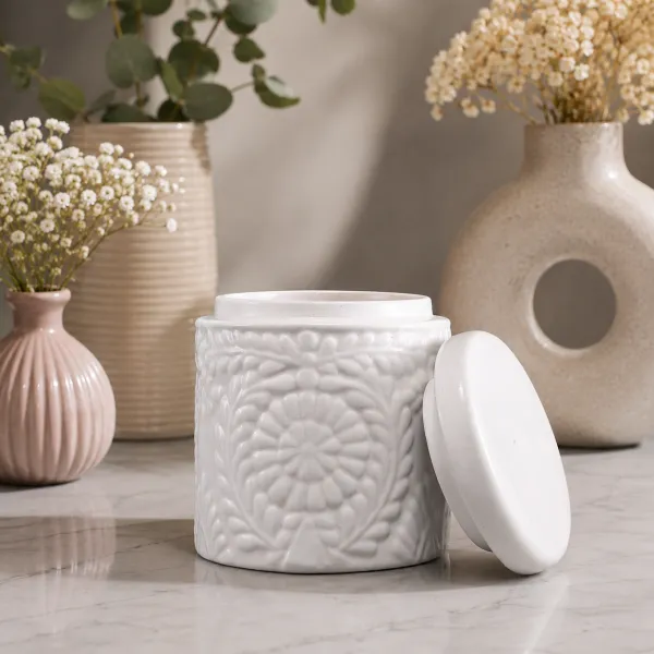 Pushpa Embossed Ceramic Storage Canister with Lid