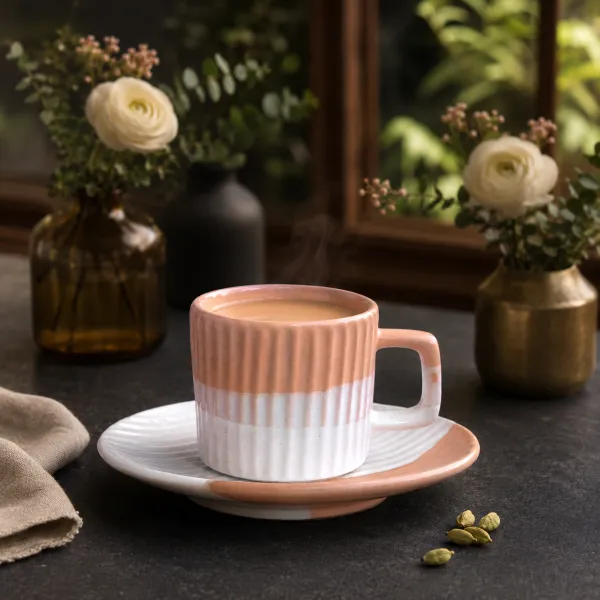 "Sienna & Stone" Two-Tone Fluted Cup & Saucer Set